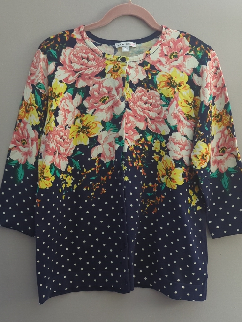 Isaac Mizrahi Floral Print Top in Navy, Yellow, Pink